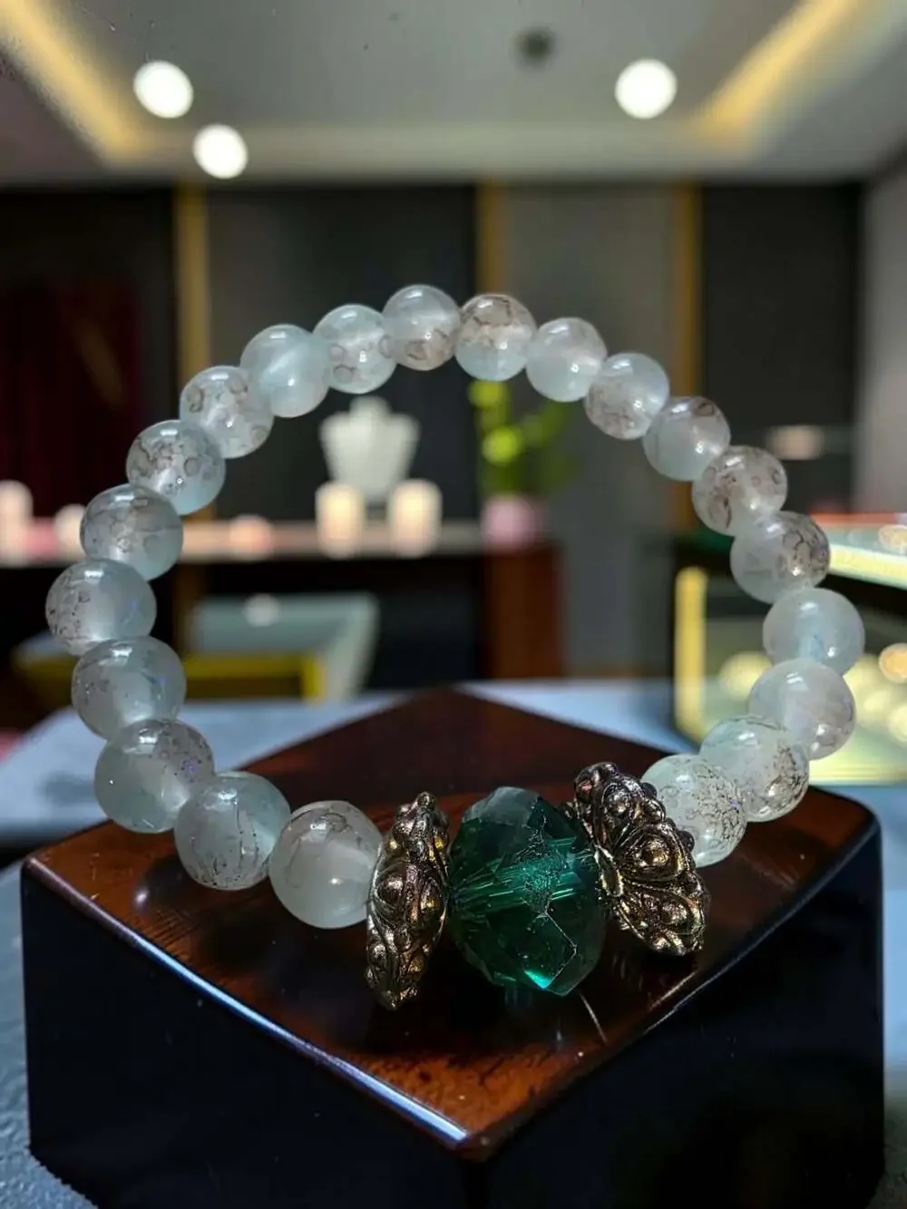 Natural Clear Quartz Crystal Bead Bracelet with Green Faceted Accent Bead and Me